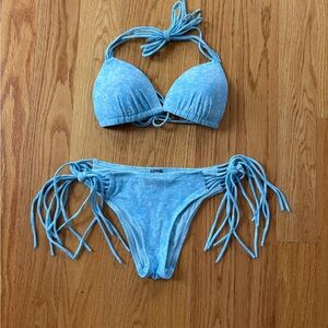 Aerie Light Blue and White Speckled Bikini  Top and Bottom Women’s Small